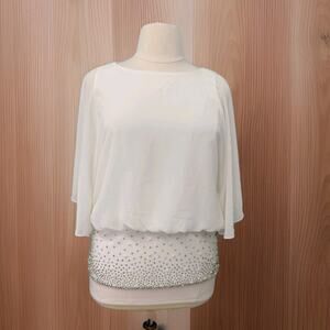 S Levine L Ivory Beaded Hem Blouse Sheer Chiffon Overlay Dolman Sleeve Top